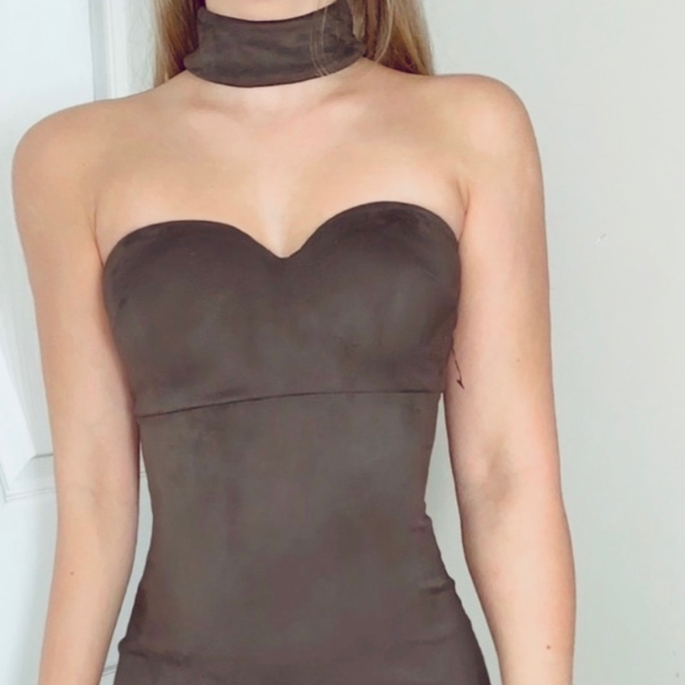 Green, suede, bodycon dress- attached choker. (S)